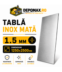 Tabla inox mata AISI 304 2B, 1.5 x 1250 x 2500 mm, 3.125 mp Tabla inox mata AISI 304 2B, 1.5 x 1250 x 2500 mm, 3.125 mp